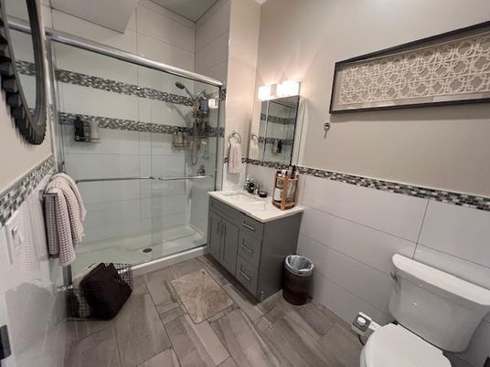 Bathroom, Glass Shower, Interior, Wood Texture Flooring