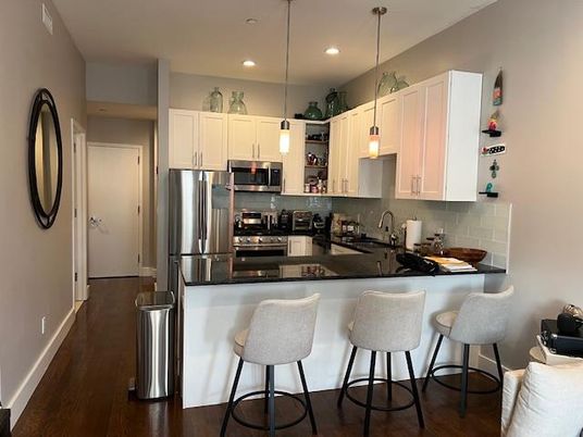 Interior, Kitchen, Pendant Lights, Recessed Lighting, Stainless Steel Appliances, Wood Texture Flooring