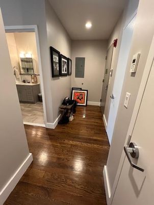 Bathroom, Interior, Marble, Recessed Lighting, Wood Texture Flooring