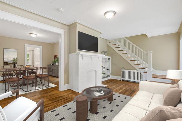 Dining room, Fireplace, Interior, Living room, Wood Texture Flooring