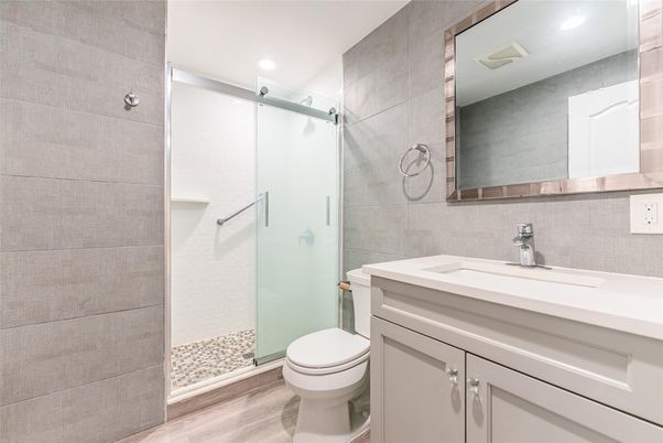 Bathroom, Glass Shower, Interior, Recessed Lighting, Wood Texture Flooring