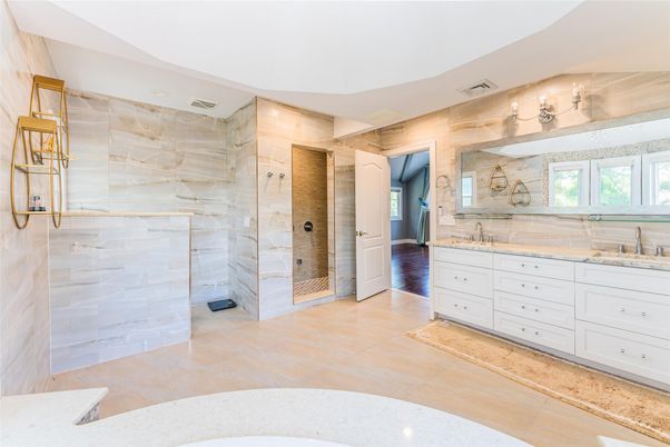Bathroom, Dual Sink Vanities, Glass Shower, Interior, Wood Texture Flooring