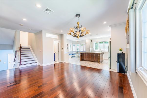 Chandelier, Interior, Kitchen, Pendant Lights, Recessed Lighting, Wood Texture Flooring