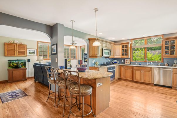 Interior, Kitchen, Pendant Lights, Recessed Lighting, Stainless Steel Appliances, Wood Texture Flooring