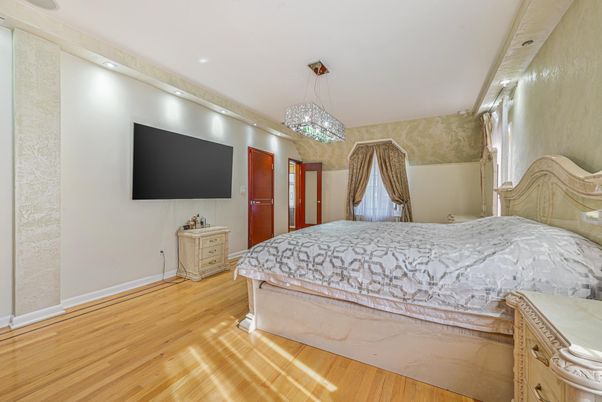 Bedroom, Interior, Pendant Lights, Recessed Lighting, Wood Texture Flooring