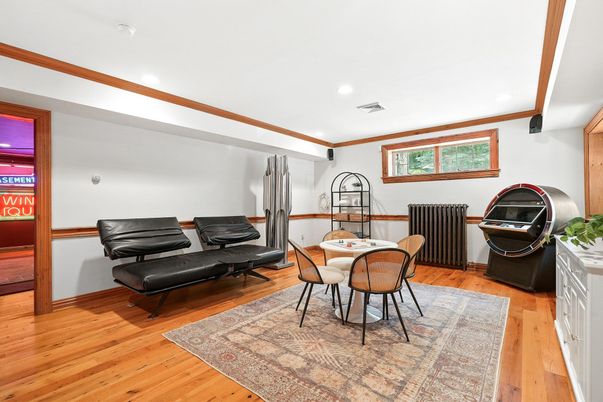 Dining room, Interior, Recessed Lighting, Wood Texture Flooring