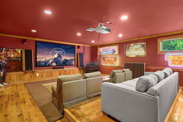 Interior, Projection Screen, Recessed Lighting, Theatre Room, Wood Texture Flooring
