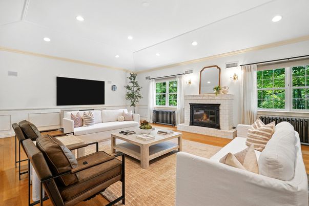 Fireplace, Interior, Living room, Recessed Lighting, Wood Texture Flooring