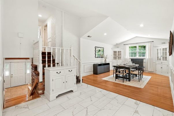 Dining room, Interior, Marble, Recessed Lighting, Wood Texture Flooring