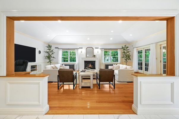 Fireplace, Interior, Living room, Recessed Lighting, Wood Texture Flooring