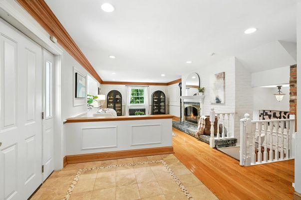 Fireplace, Interior, Recessed Lighting, Wood Texture Flooring
