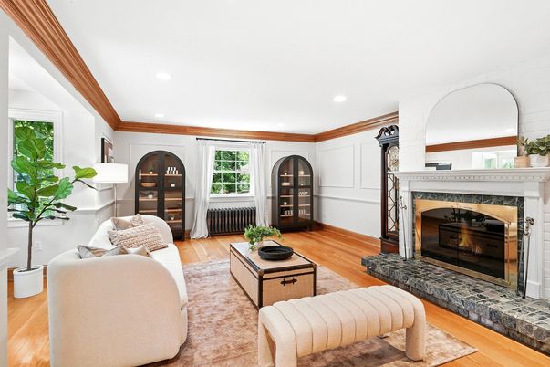 Fireplace, Interior, Living room, Recessed Lighting, Wood Texture Flooring