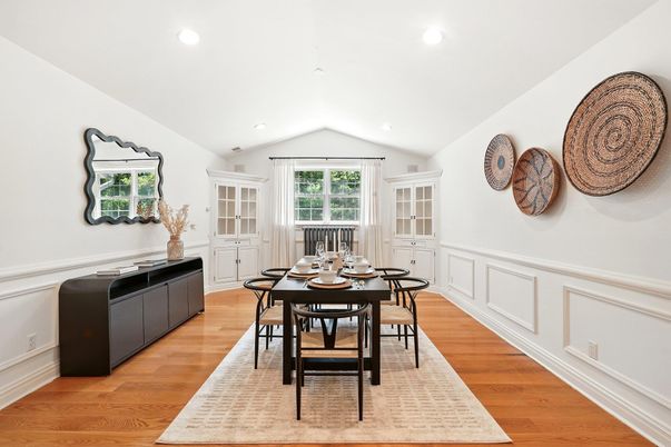Dining room, Interior, Recessed Lighting, Wood Texture Flooring