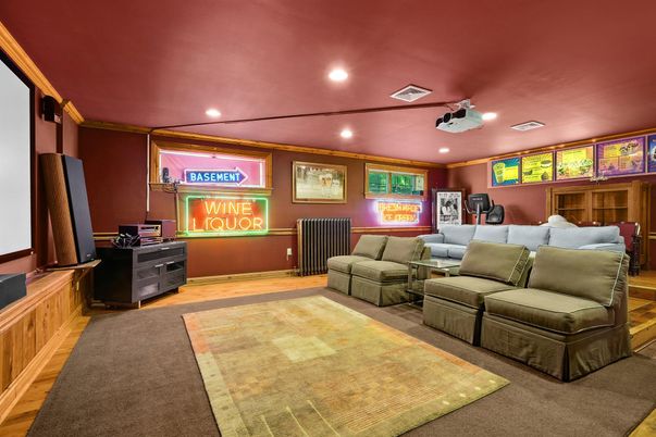 Interior, Living room, Projection Screen, Recessed Lighting, Wood Texture Flooring
