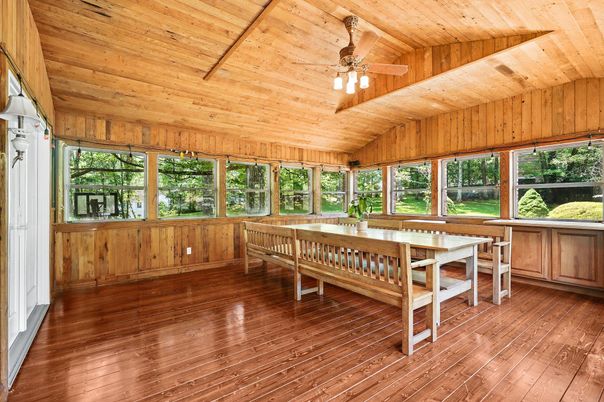Dining room, Interior, Sun Room, Wooden Ceilings, Wood Texture Flooring, Wooden Walls