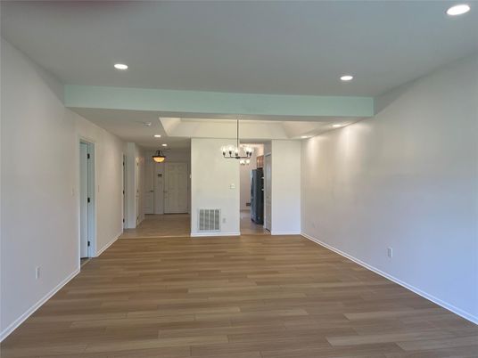 Chandelier, Empty room, Interior, Recessed Lighting, Wood Texture Flooring