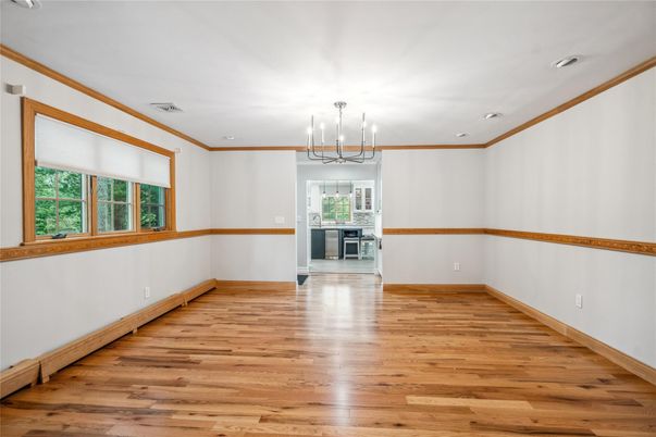 Chandelier, Empty room, Interior, Recessed Lighting, Wood Texture Flooring