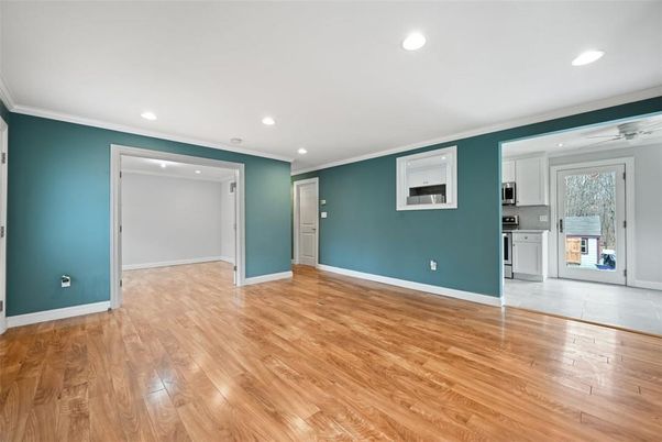Empty room, Interior, Kitchen, Recessed Lighting, Wood Texture Flooring