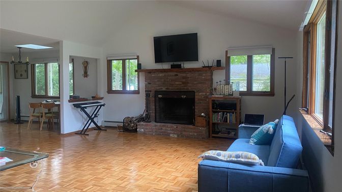 Dining room, Fireplace, Interior, Living room, Wood Texture Flooring