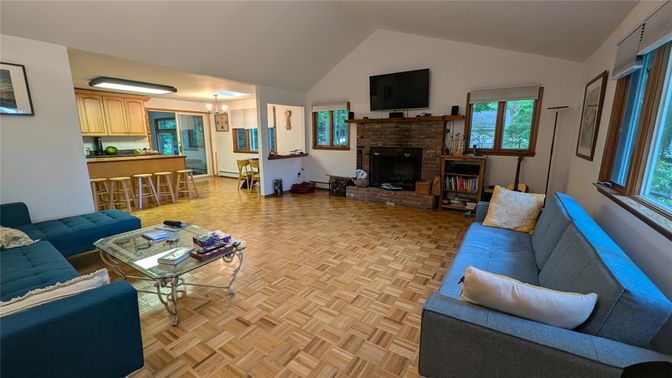 Dining room, Fireplace, Interior, Kitchen, Living room, Wood Texture Flooring
