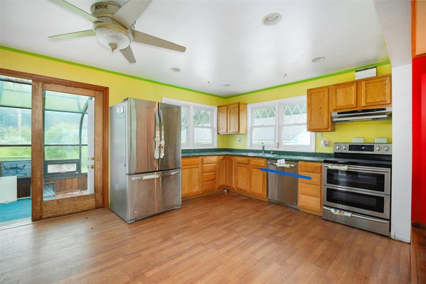 Interior, Kitchen, Recessed Lighting, Stainless Steel Appliances, Wood Texture Flooring