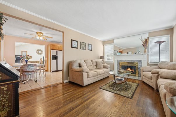 Dining room, Fireplace, Interior, Kitchen, Living room, Wood Texture Flooring