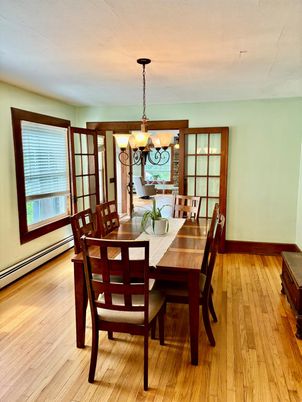 Chandelier, Dining room, Interior, Wood Texture Flooring