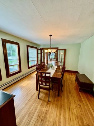 Chandelier, Dining room, Interior, Wood Texture Flooring