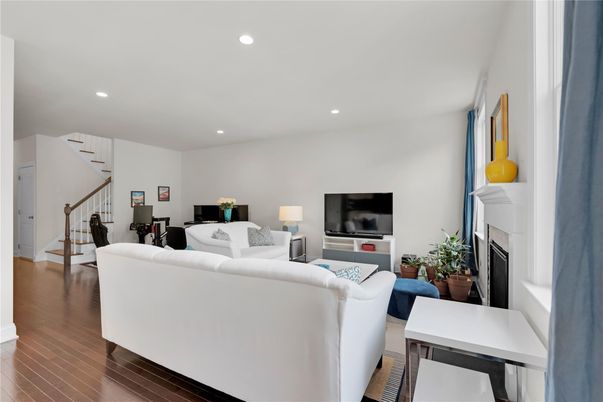 Fireplace, Interior, Living room, Recessed Lighting, Wood Texture Flooring