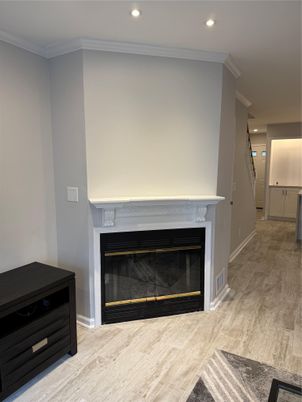 Fireplace, Interior, Recessed Lighting, Wood Texture Flooring