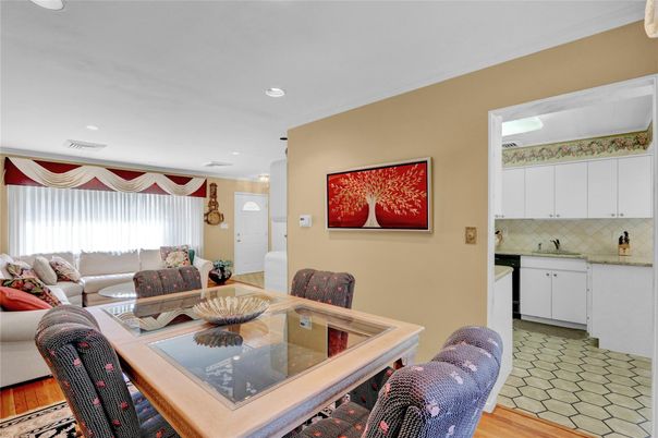 Dining room, Interior, Living room, Recessed Lighting, Wood Texture Flooring