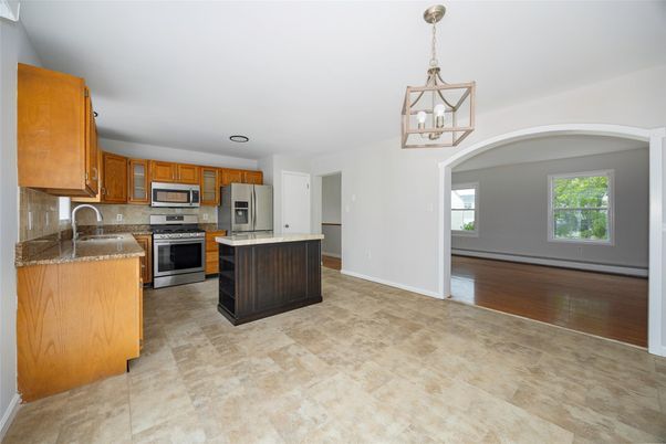 Interior, Kitchen, Pendant Lights, Stainless Steel Appliances, Wood Texture Flooring