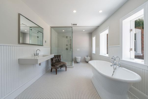 Bathroom, Free Standing Baths, Glass Shower, Interior, Recessed Lighting
