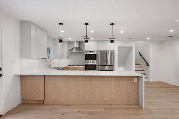 Interior, Kitchen, Pendant Lights, Recessed Lighting, Stainless Steel Appliances, Wood Texture Flooring