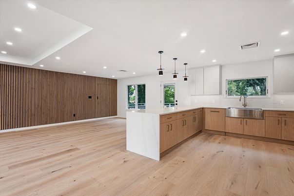 Interior, Kitchen, Pendant Lights, Recessed Lighting, Wood Texture Flooring