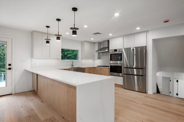 Interior, Kitchen, Pendant Lights, Recessed Lighting, Stainless Steel Appliances, Wood Texture Flooring