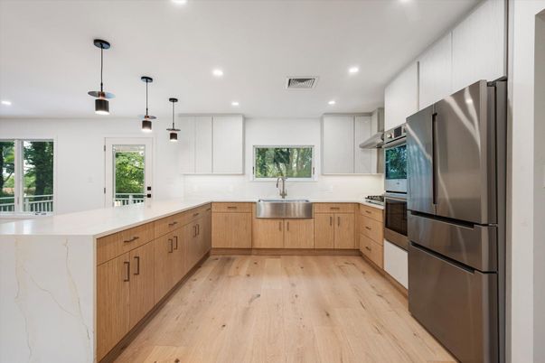 Interior, Kitchen, Pendant Lights, Recessed Lighting, Stainless Steel Appliances, Wood Texture Flooring