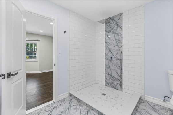 Bathroom, Interior, Marble, Marble Walls, Recessed Lighting, Wood Texture Flooring