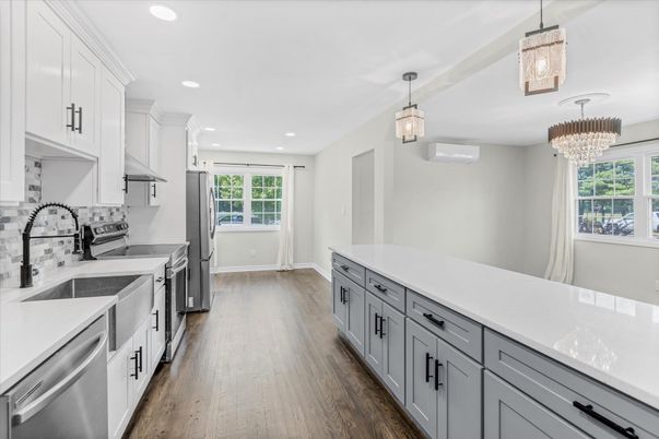 Chandelier, Interior, Kitchen, Pendant Lights, Recessed Lighting, Wood Texture Flooring