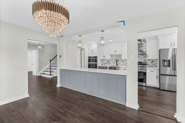 Chandelier, Interior, Kitchen, Pendant Lights, Stainless Steel Appliances, Wood Texture Flooring