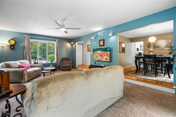 Dining room, Interior, Living room, Pendant Lights, Wood Texture Flooring