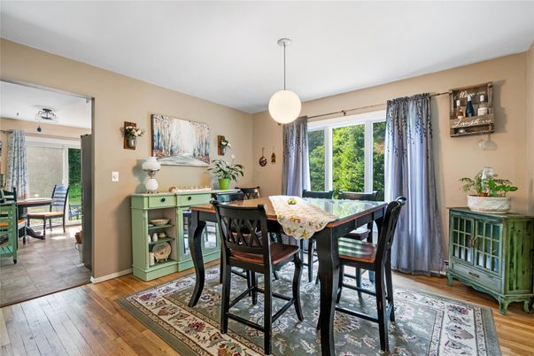 Dining room, Interior, Pendant Lights, Wood Texture Flooring