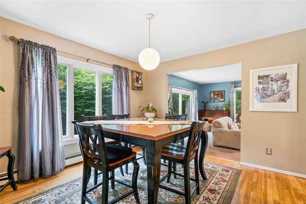 Dining room, Interior, Pendant Lights, Wood Texture Flooring