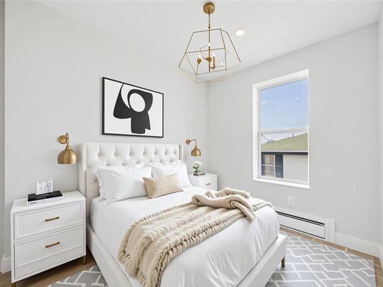 Bedroom, Interior, Pendant Lights, Recessed Lighting, Wood Texture Flooring