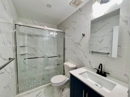 Bathroom, Glass Shower, Interior, Marble, Marble Walls, Recessed Lighting