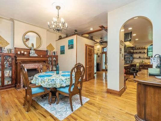 Chandelier, Dining room, Fireplace, Interior, Recessed Lighting, Wood Texture Flooring
