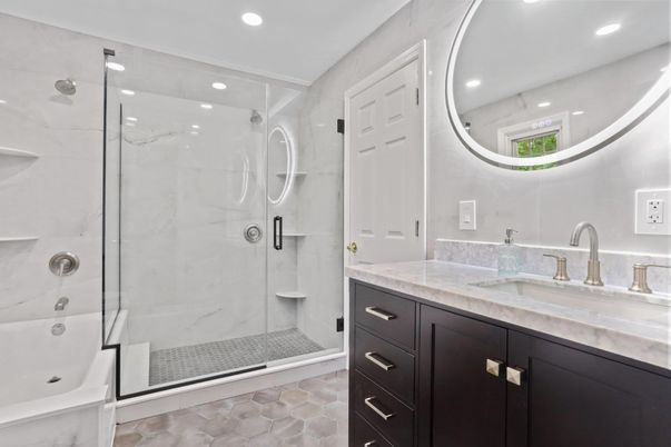 Bathroom, Glass Shower, Interior, Marble Walls, Recessed Lighting