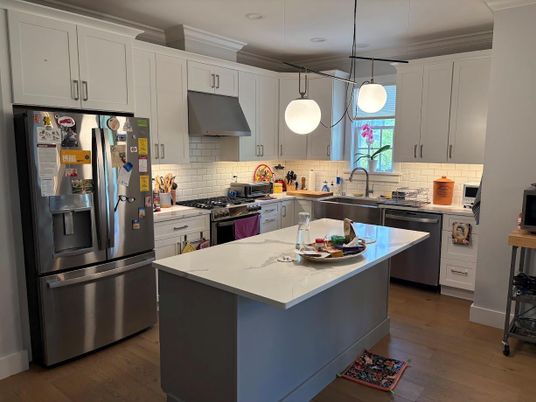 Interior, Kitchen, Pendant Lights, Recessed Lighting, Stainless Steel Appliances, Wood Texture Flooring