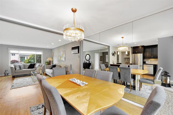 Chandelier, Dining room, Interior, Kitchen, Living room, Recessed Lighting, Stainless Steel Appliances, Wood Texture Flooring