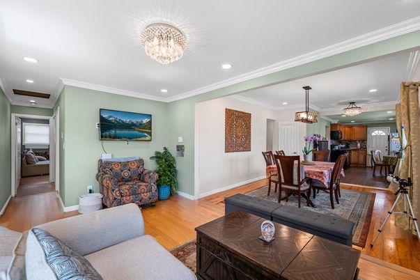 Chandelier, Dining room, Interior, Kitchen, Living room, Pendant Lights, Recessed Lighting, Wood Texture Flooring
